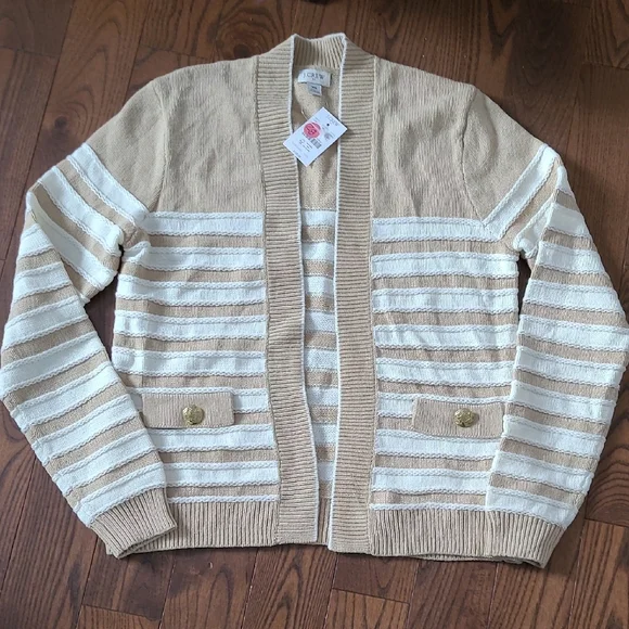 New J. Crew Women's Tan and Cream Striped Open Cardigan Swearter Size Xs - Picture 4 of 9
